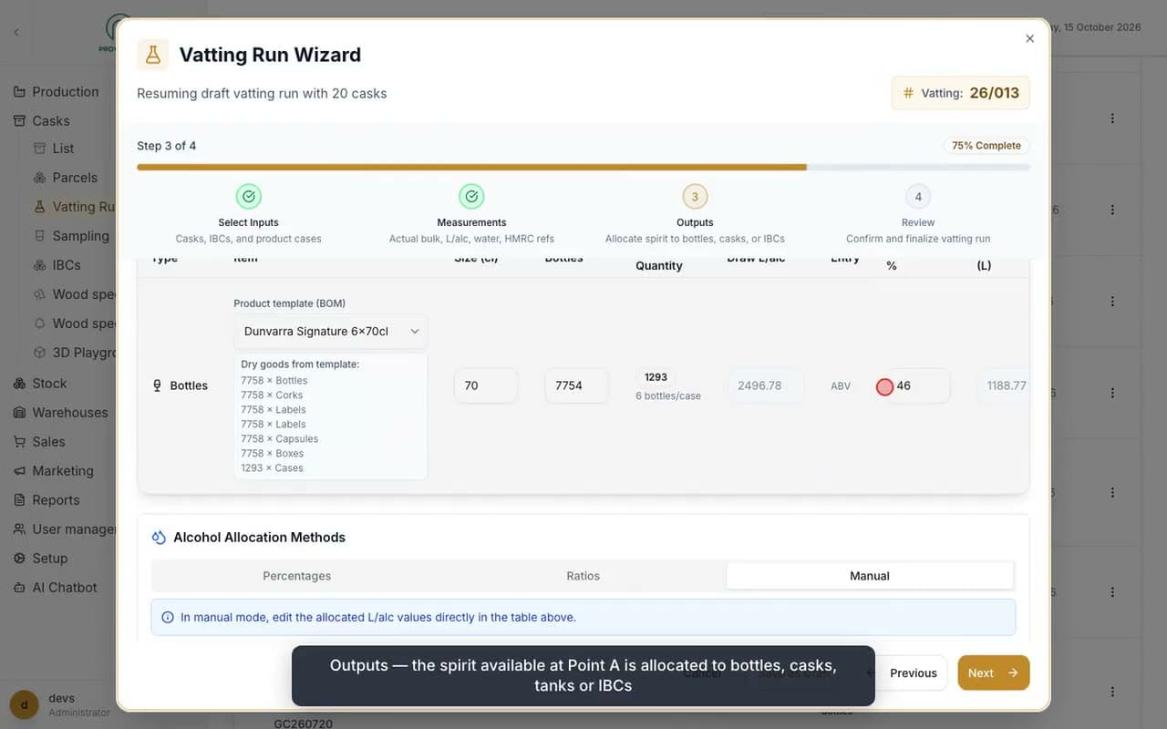 Vatting Run Wizard in Provenate