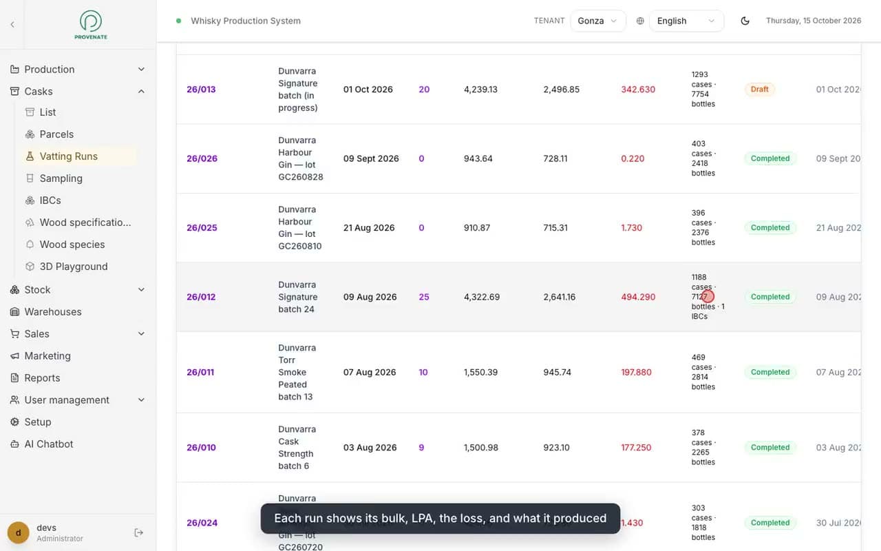 Vatting Run Wizard: input casks, strengths and losses in Provenate